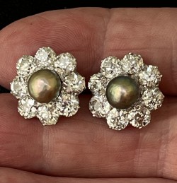 Natural Gray Pearl and Diamond Earrings